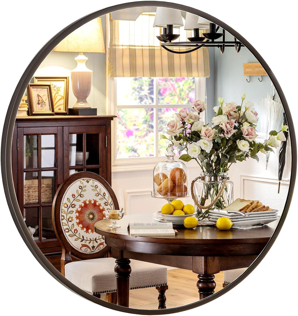 24 Inch Round Mirror - Circle Mirrors Wall Decor, Modern Hanging Vanity Mirror, Matte Black Circle Decorative Wall