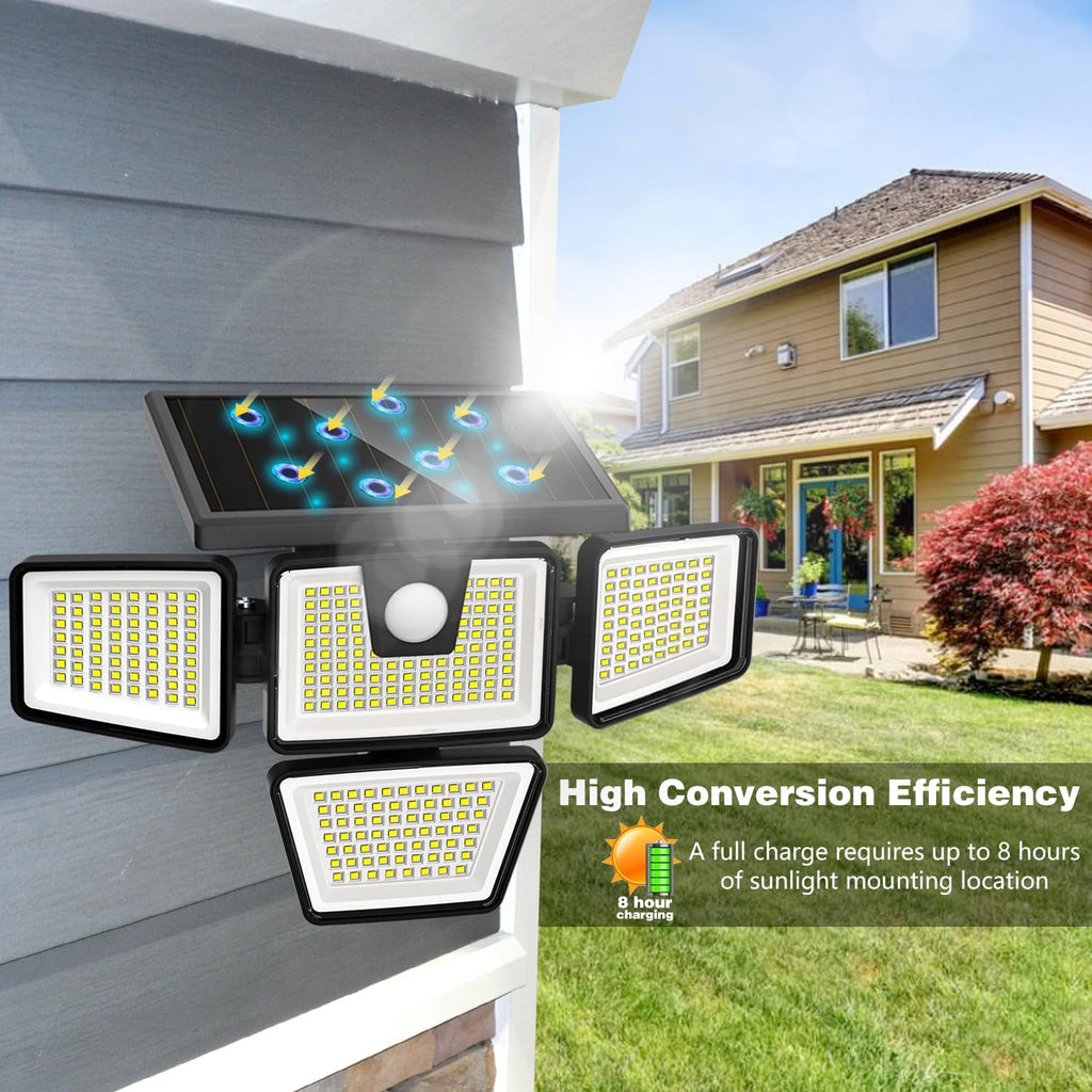 Solar Lights Outdoor, 2 Pack 300 LED High Brightness Cordless Solar Motion Sensor Lights; 4 Adjustable Heads,320°