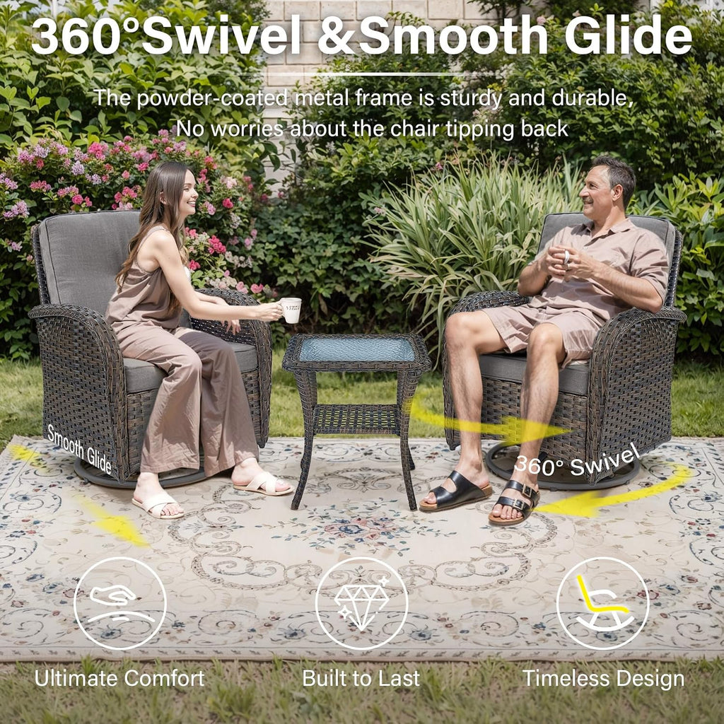 Patio Wicker Chairs Swivel Rocker - Outdoor Swivel Rocking Chairs Set of 2 with Rattan Side Table, Patio Swivel