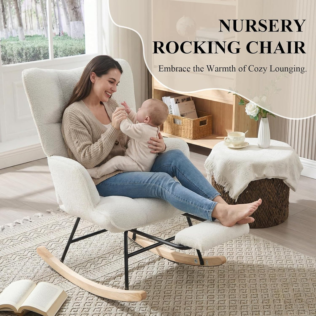 Nursery Rocking Chair with Footrest, Teddy Upholstered Glider Rocker with Side Pocket, Leisure Rocker Chair with High
