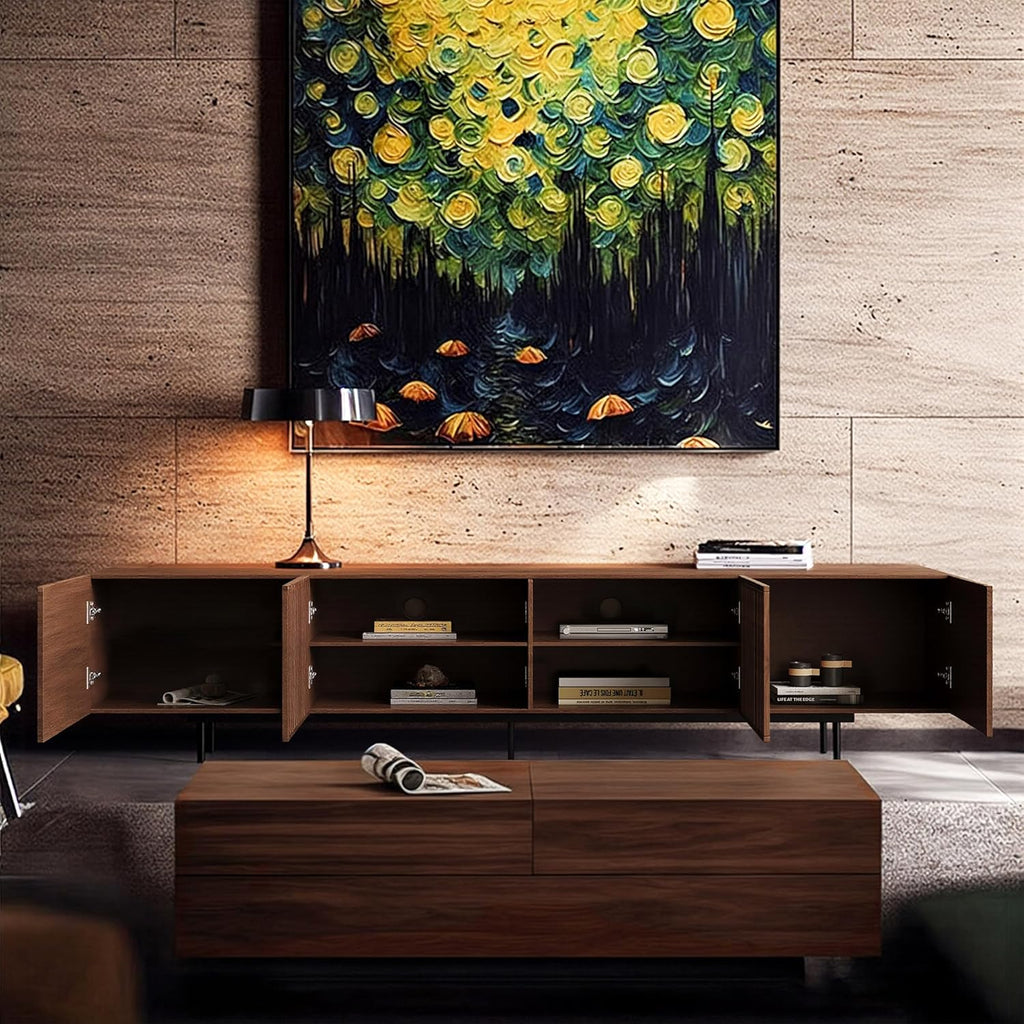 Mid Century Modern TV Stand with 4 Doors, 94.48 Inch Wide Entertainment Center TV Console for Living Room Bedroom
