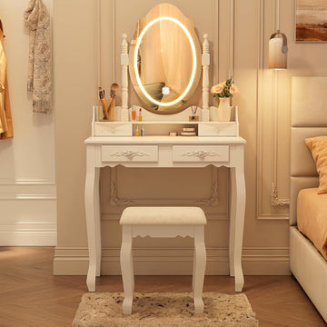 Vanity Desk with Mirror and Lights, Makeup Table with Cushioned Stool Set | Modern Vanity with 4 Drawers, 3 Color