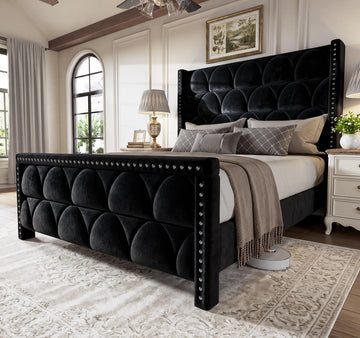 Queen Size Bed Frame with 56" Headboard - Velvet Upholstered Wingback Platform Bed Frame, Noise Free, Sturdy Wooden
