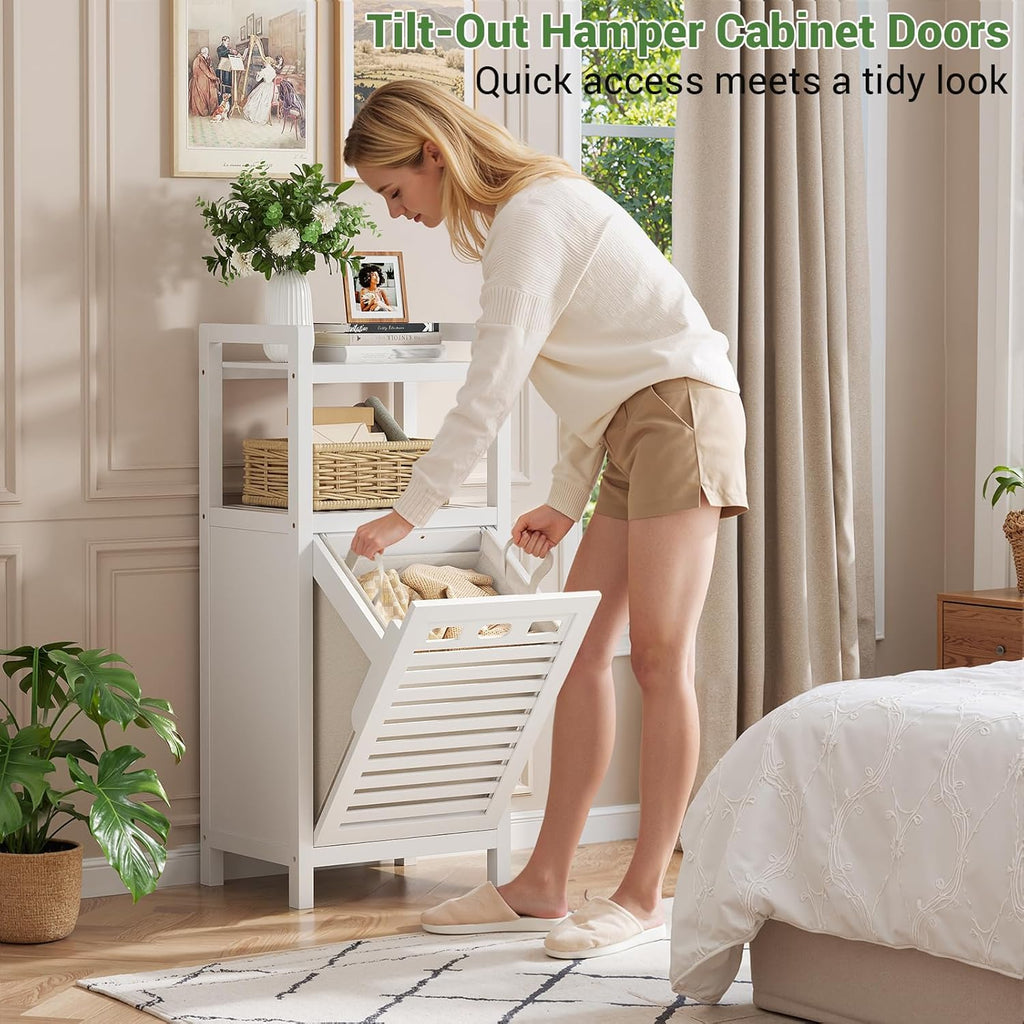 Tilt Out Laundry Hamper, 10 Gal Bamboo Laundry Storage Cabinet with Removable Basket, Hidden Hamper Organizer with