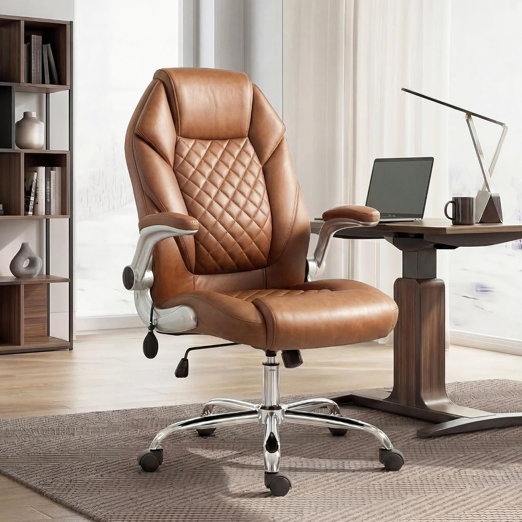 Executive High Back Ergonomic Computer Desk Chair with Adjustable Lumbar Support Padded FILP-up Arms PU Leather Comfy