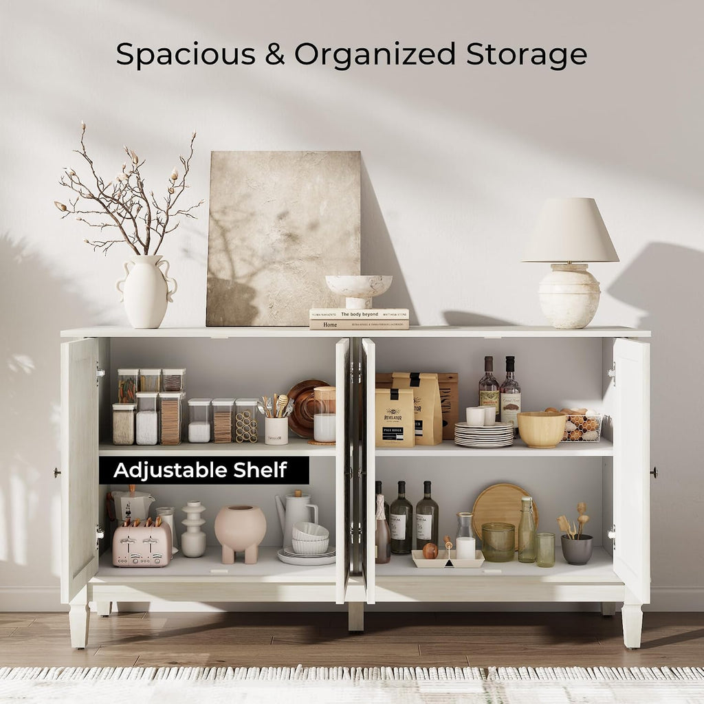 Buffet Cabinet with Storage, Accent Cabinet with 4 Carved Doors, Solid Wood Sideboard with Adjustable Shelf, Vintage