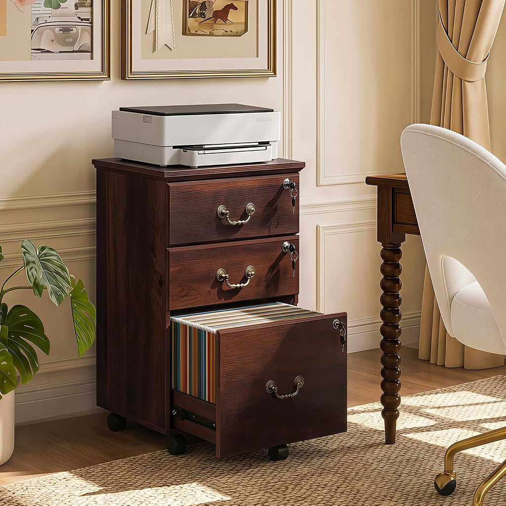 3 Drawer File Cabinet with Lock, Wood Filing Cabinet, Brown Oak | Mobile Wood File Cabinet for Under Desk Storage