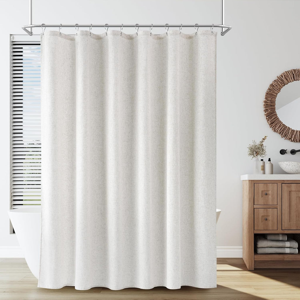 Linen Shower Curtain 72 Inches Long 1 Panel White | Shower Curtains with Hook, Waterproof Cloth, Boho Farmhouse