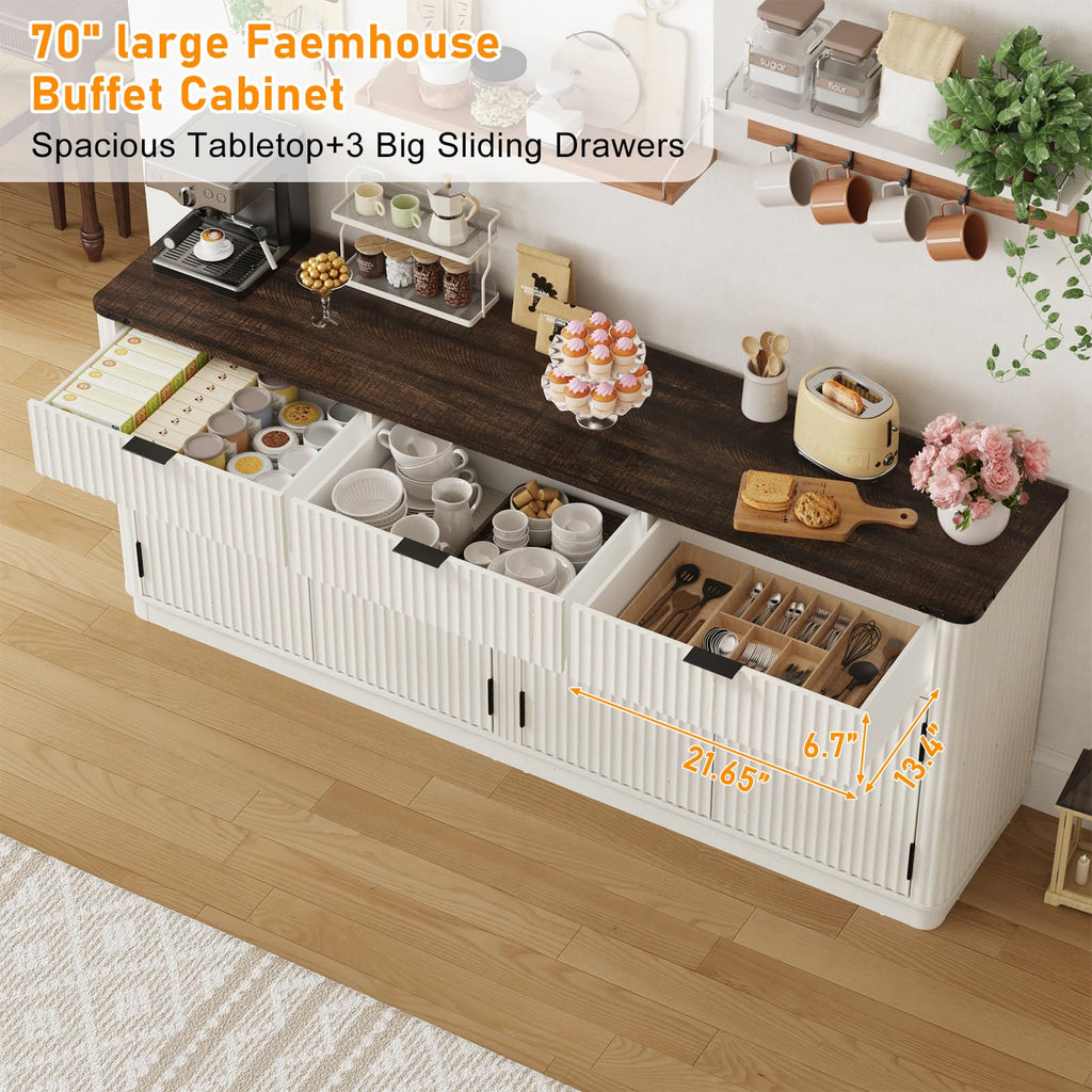 70" Rounded Edge Large Sideboard Buffet Cabinet with 3 Storage Drawers, Farmhouse Kitchen Fluted Sideboard Cabinet w 4