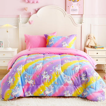 Kids' Rainbow Unicorn Twin Comforter Set, 5-Piece | Soft Fluffy Bed-in-a-Bag, Fitted Sheet, Flat Sheet, Pillowcase