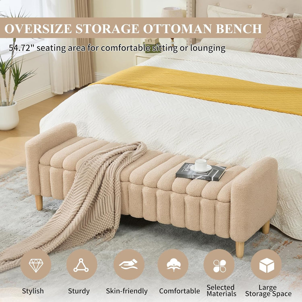 63.5" Oversize Storage Ottoman Bench, Teddy Upholstered End of Bed Bench with Wave Channel Tufted Flip-Top, Modern