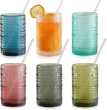 15oz Colored Hobnail Drinking Glasses Set of 6, Vintage Kitchen Glassware, Embossed Beaded Glass Cups,Water Tumbler