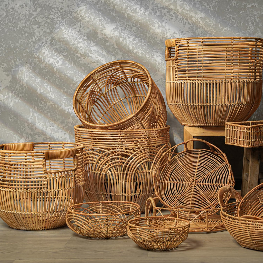 Set Of 2 Large Woven Blanket Baskets With Handles | Round Wicker Rattan Storage Floor Baskets for Shoe | Extra Big