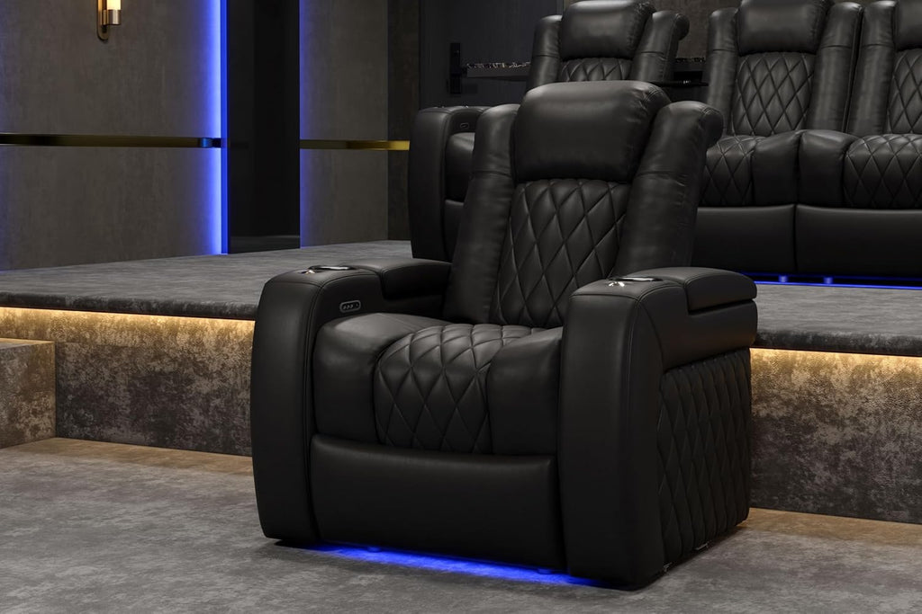 Tuscany Home Theater Seat - Nappa Leather Power Recliner with Cool Gel Memory Foam, USB-C/A Charging, RGB LED Lights