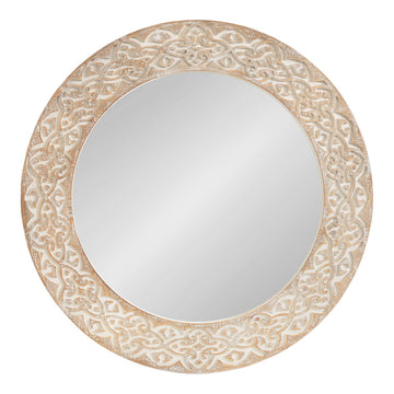 Engrahm Rustic Engraved Wooden Round Mirror, 26 Inch Diameter, Rustic Brown and White, Modern Farmhouse Distressed