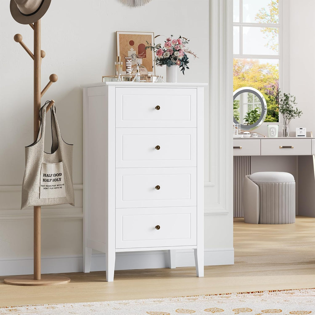 4 Drawer Dresser, White Dresser Antique Chest of Drawers with Solid Frame, Tall Wood Storage Chest Cabinet , White