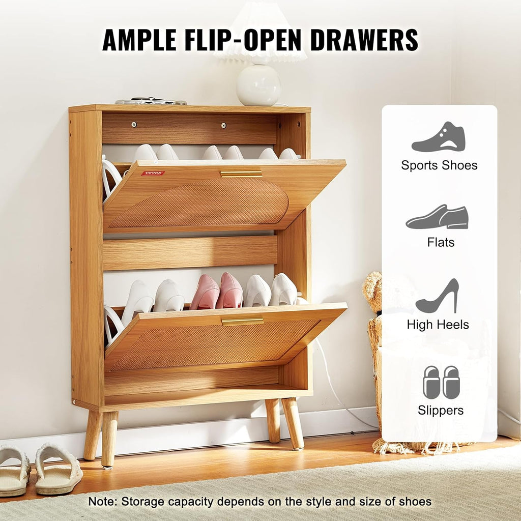 Shoe Cabinet with 2 Flip Drawers, Shoe Storage Cabinet , Free Standing Shoe Storage Organizer with Rattan Doors for