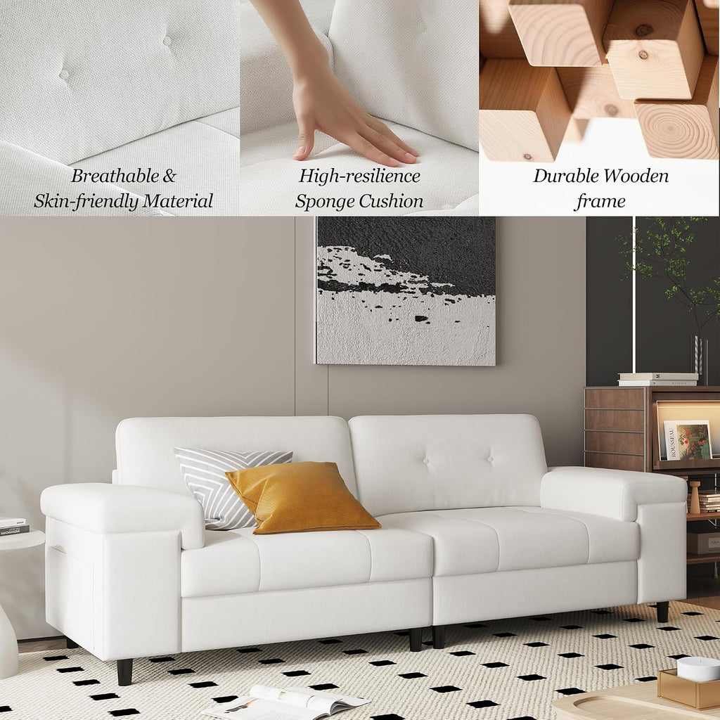 85 Inch Modern 3 Seater Sofa , Deep Seat Chenille Couch with Adjustable Wide Armrest & Plush Backrest, Button Tufted