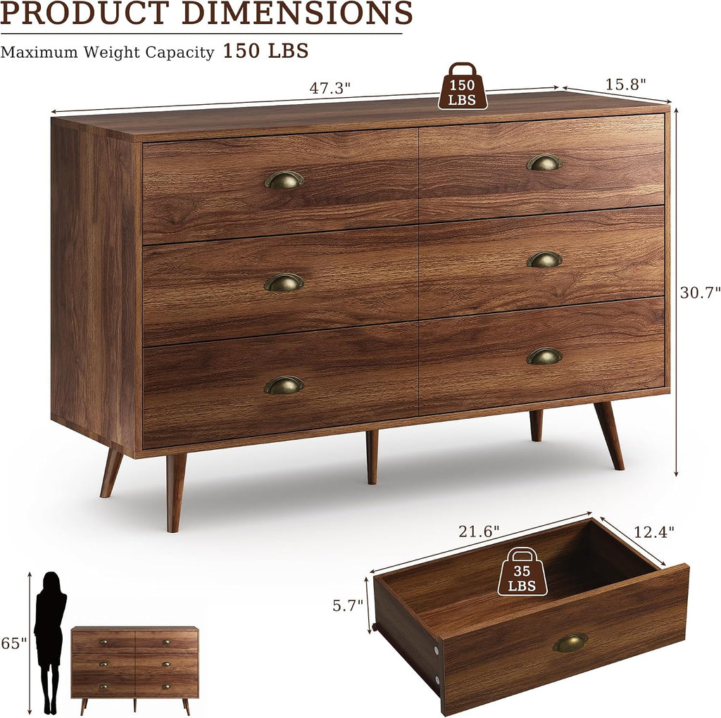 Walnut Dresser , 6 Drawer Dresser with Wide Drawers and Gold Metal Handles, 47" Wood Dressers & Chests of Drawers .