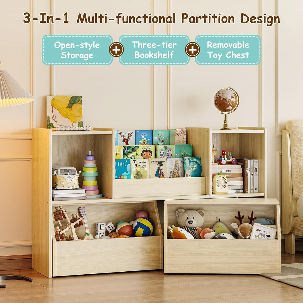 Solid Wood Kids Bookshelf and Toy Storage Organizer, 3-in-1 Montessori Bookcase with Storage Cubbies and 2 Rolling