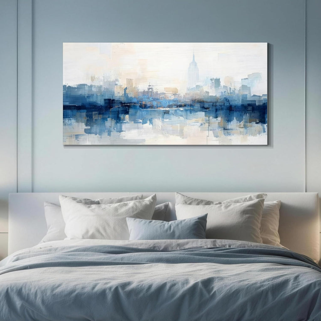 NY Skyline Wall Art Abstarct Cityscape Canvas Painting 40"x20" | new york print blue white NYC picture artwork framed