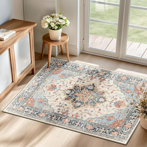 Area Rugs Washable Non-Slip, Floral Vintage Distress Print Pattern Medallion Carpet for Living Room Bedroom Dining Room
