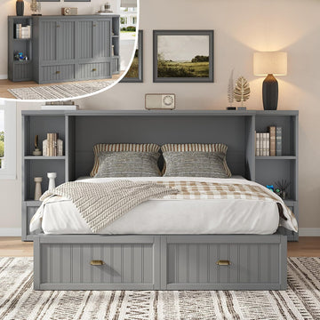 Full Murphy Bed with Bedside Tables, Foldable Cabinet with 3 Storage Drawers & Charging Station, Farmhouse Hideaway