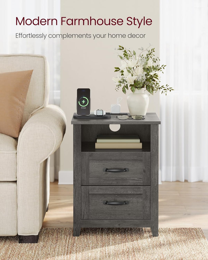 Farmhouse Nightstands with Charging Station, Set of 2 Bedside Tables, Side Tables with 2 Drawers, Open