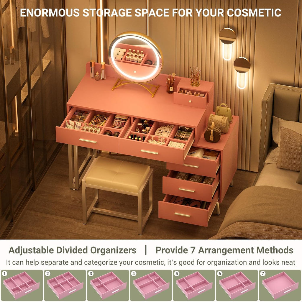 Pink Vanity Desk with Mirror and Lights, Modern Makeup Vanity Table Set with 6 Storage Drawers and Cushioned Stool