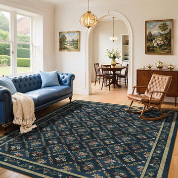 Blue Floral Rugs 5x7 Area Rugs, Non Slip Stain Resistance Washable Vintage Large Area Rug, Low Pile Checkered