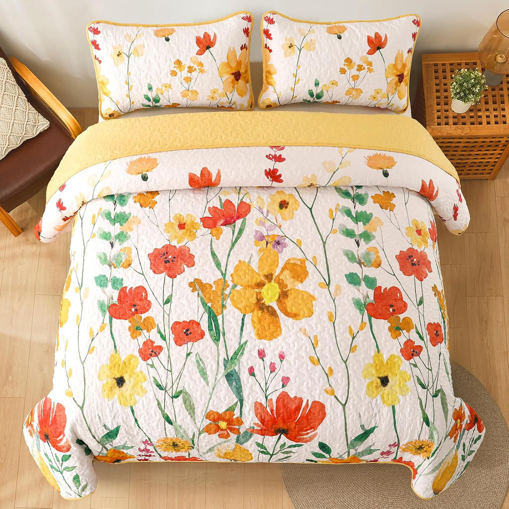 Quilt Set, Yellow Floral Reversible Bedspread Soft Microfiber Lightweight Quilt Bedding Sets Reversible