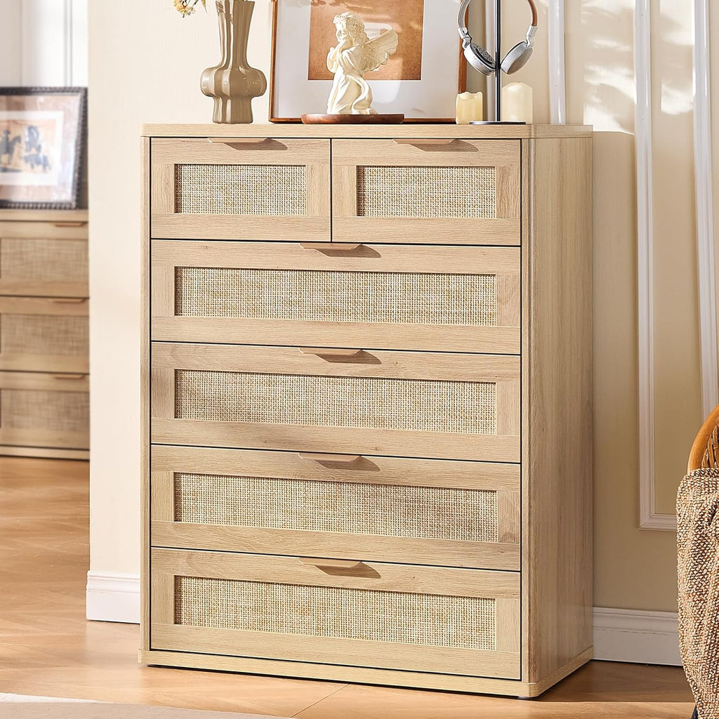 Rattan Dresser , 41" Tall Chest of Drawers | Gold Metal Handle, Oak Modern 6 Drawers Boho Dressers with Storage