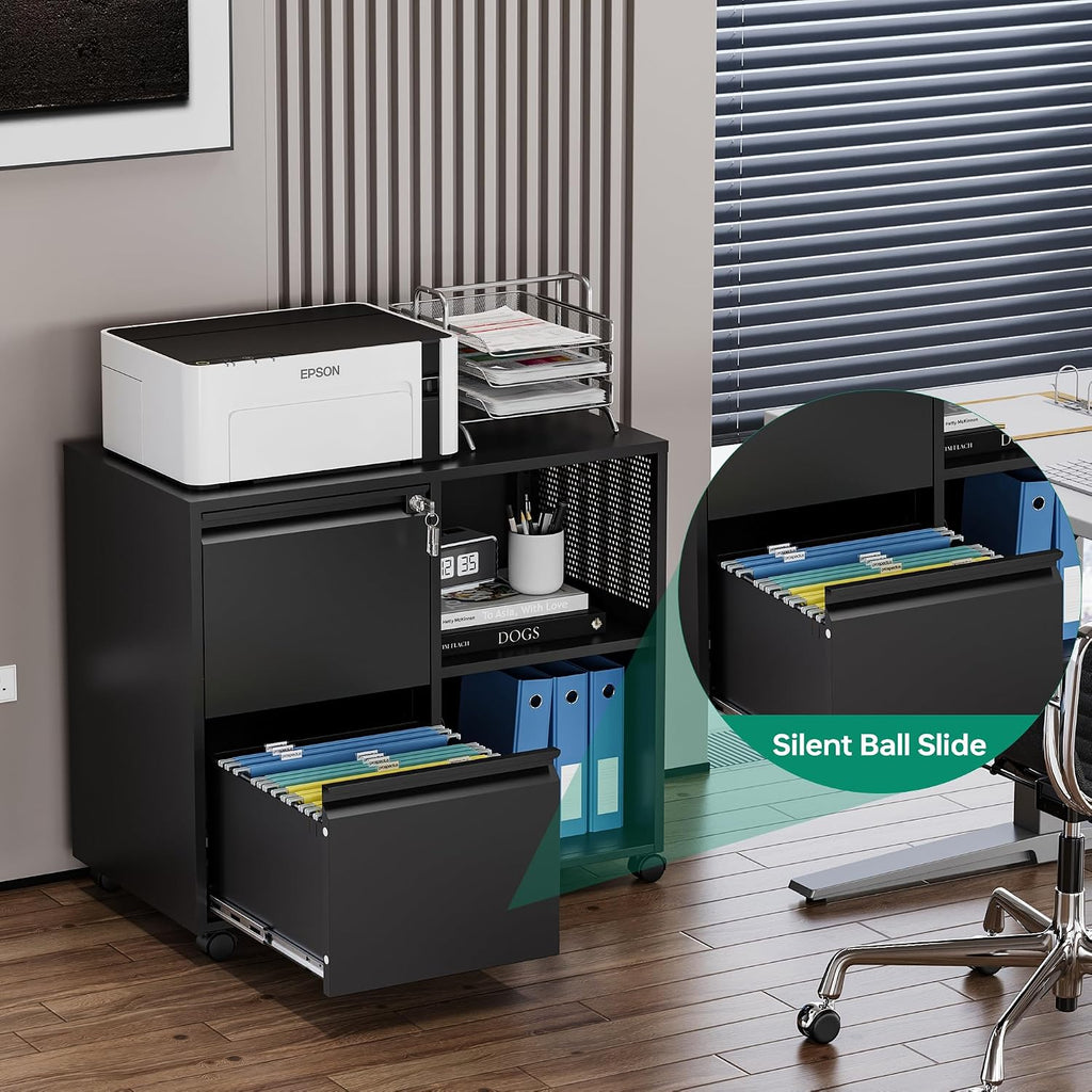 Mobile File Cabinet, Metal Lateral Rolling Printer Stand Filing Cabinets with Shelves -Storage A4/F4 (Black)