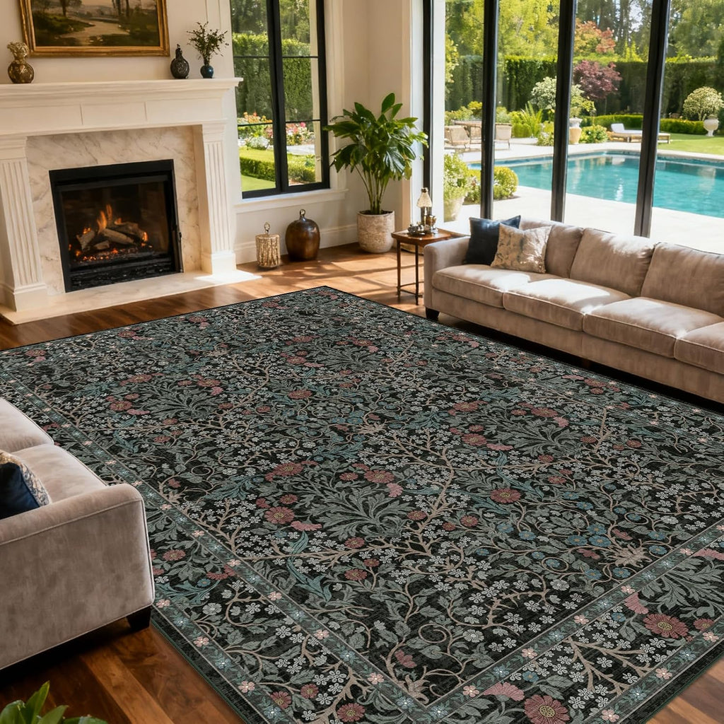 Extra Large 10x14 Area Rug, Washable Rugs, Non Slip Stain Resistant Carpet, Low Pile Vintage Floral Rug (Dark Green)