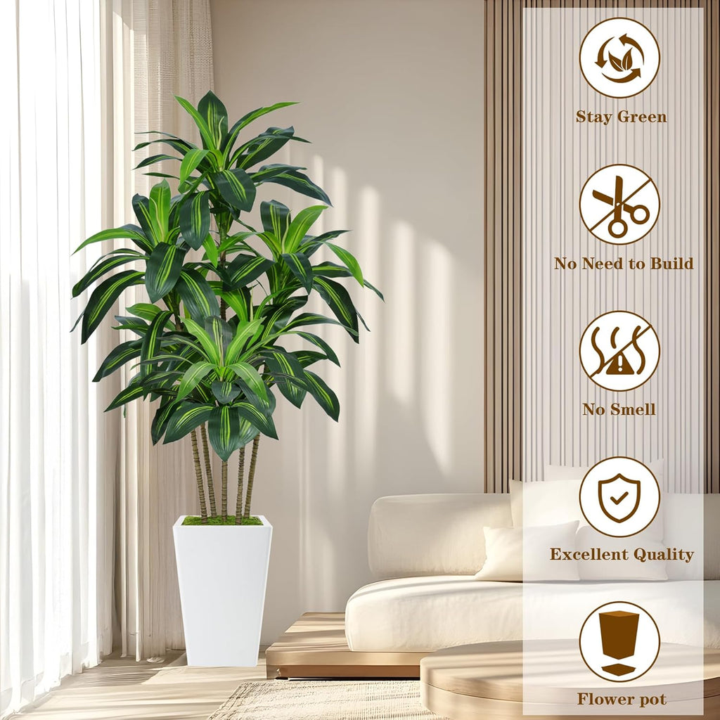 6FT Artificial Dracaena Tree, Fake Tree Indoor with White Tall Planter,Tall Artificial Plants Indoor,Artificial Silk