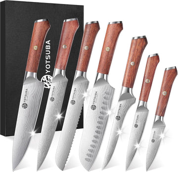 7PCS Japanese Kitchen Knife Set with Genuine Natural Rosewood Ergonomic Handle & Gift Box, Professional Ultra Sharp
