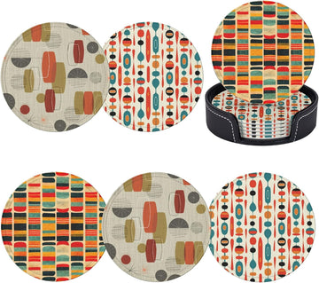 Mid Century Modern Style Leather Drinks Coasters with Holder - Set of 6