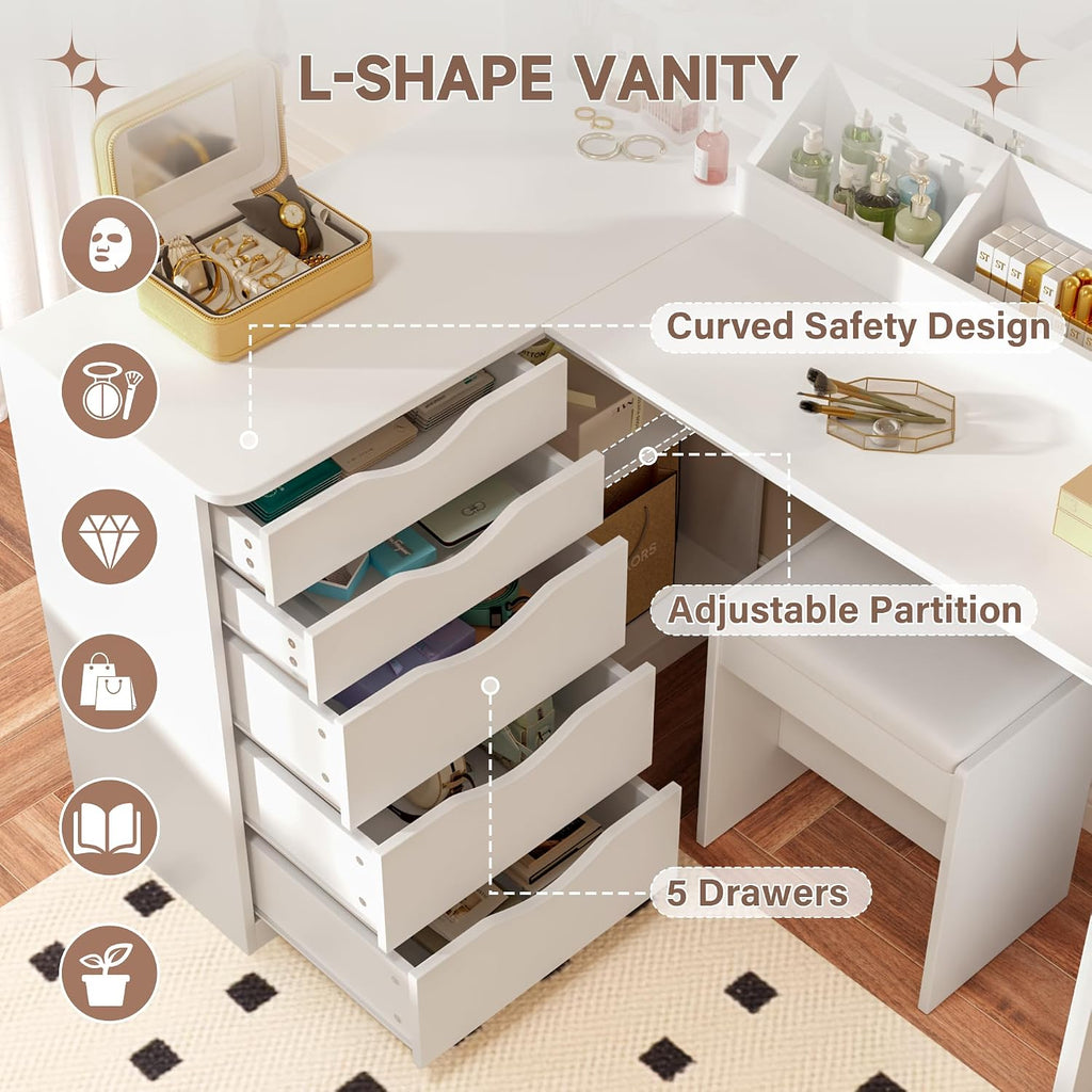 Vanity Desk with Mirror, L Shape Vanity, LED Lighted Mirror, with Fast Charging Power Outlet and 3 Storage Shelves