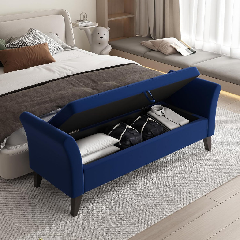 Storage Ottoman Bench, Velvet Benches End of Bed Bench with Solid Wood Legs Upholstered Ottoman with Storage Indoor