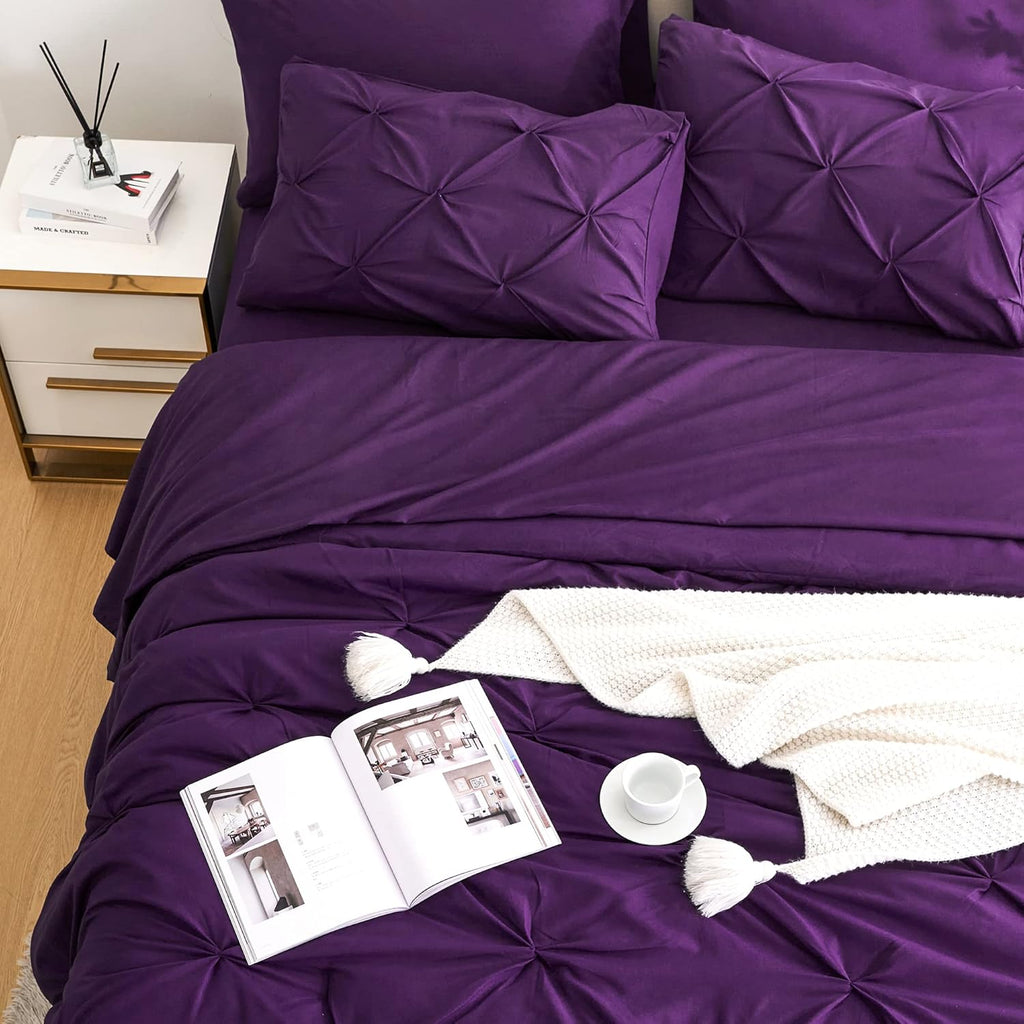 7pc Purple Comforter Set with Sheets, Pintuck 7 Piece Bedding Comforters Bed in a Bag for All Season