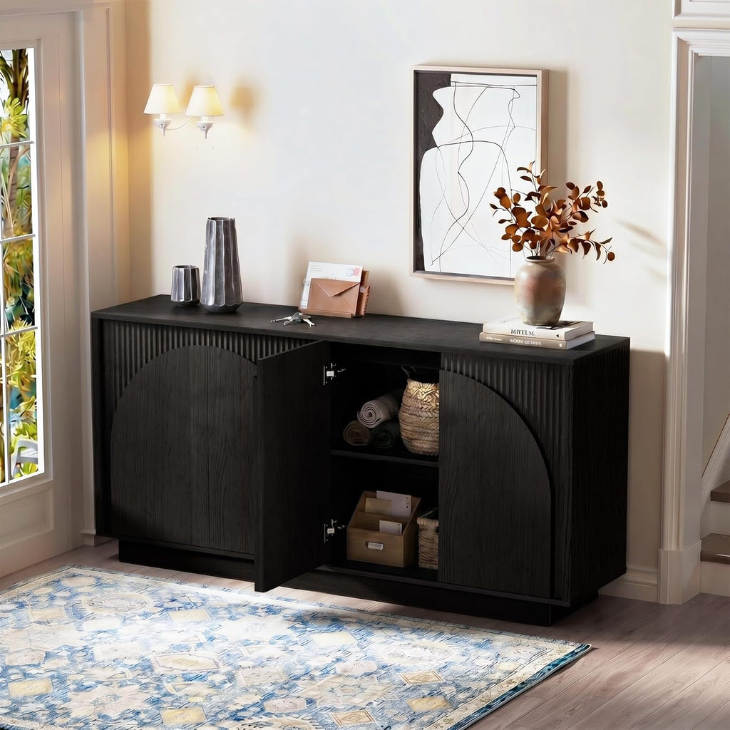 65.35" Fluted Sideboard Buffet Cabinet with Arched Doors Black | Mid Century Modern Accent Cabinet with Arched Doors