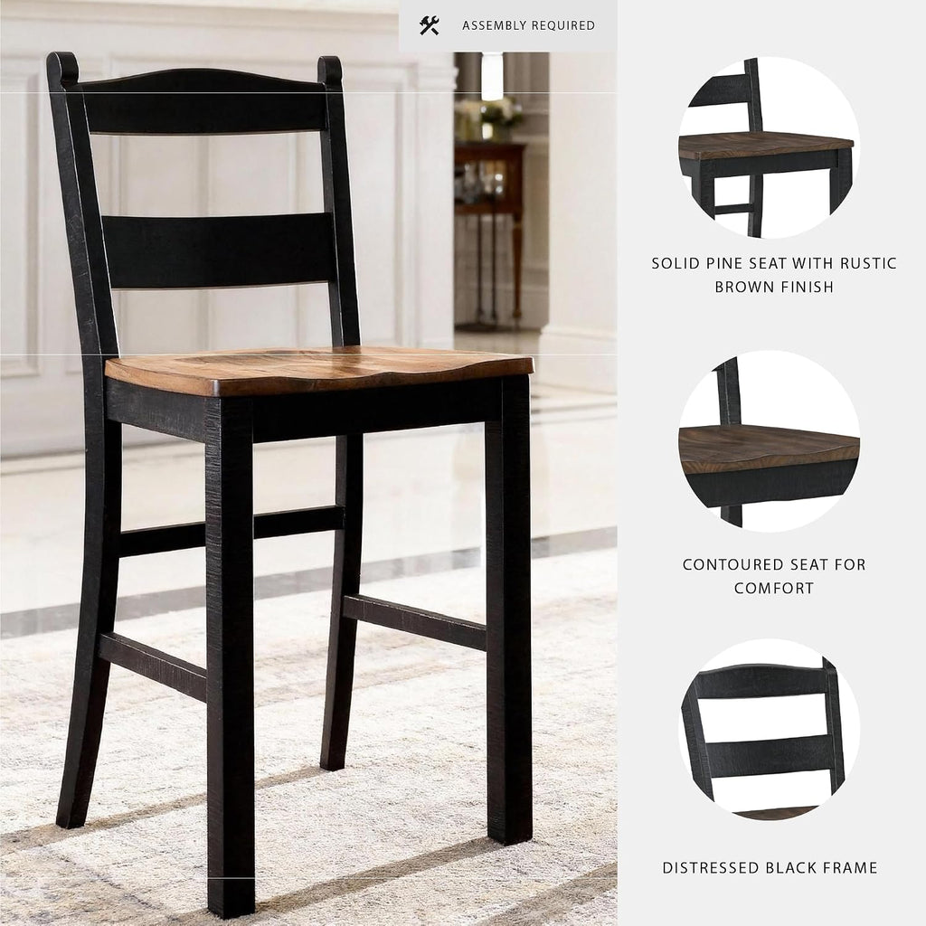 Valebeck Casual Rustic Counter Height Bar Stool with Contoured Seat and Footrest, Set of 2, Wood, 24" High, Black