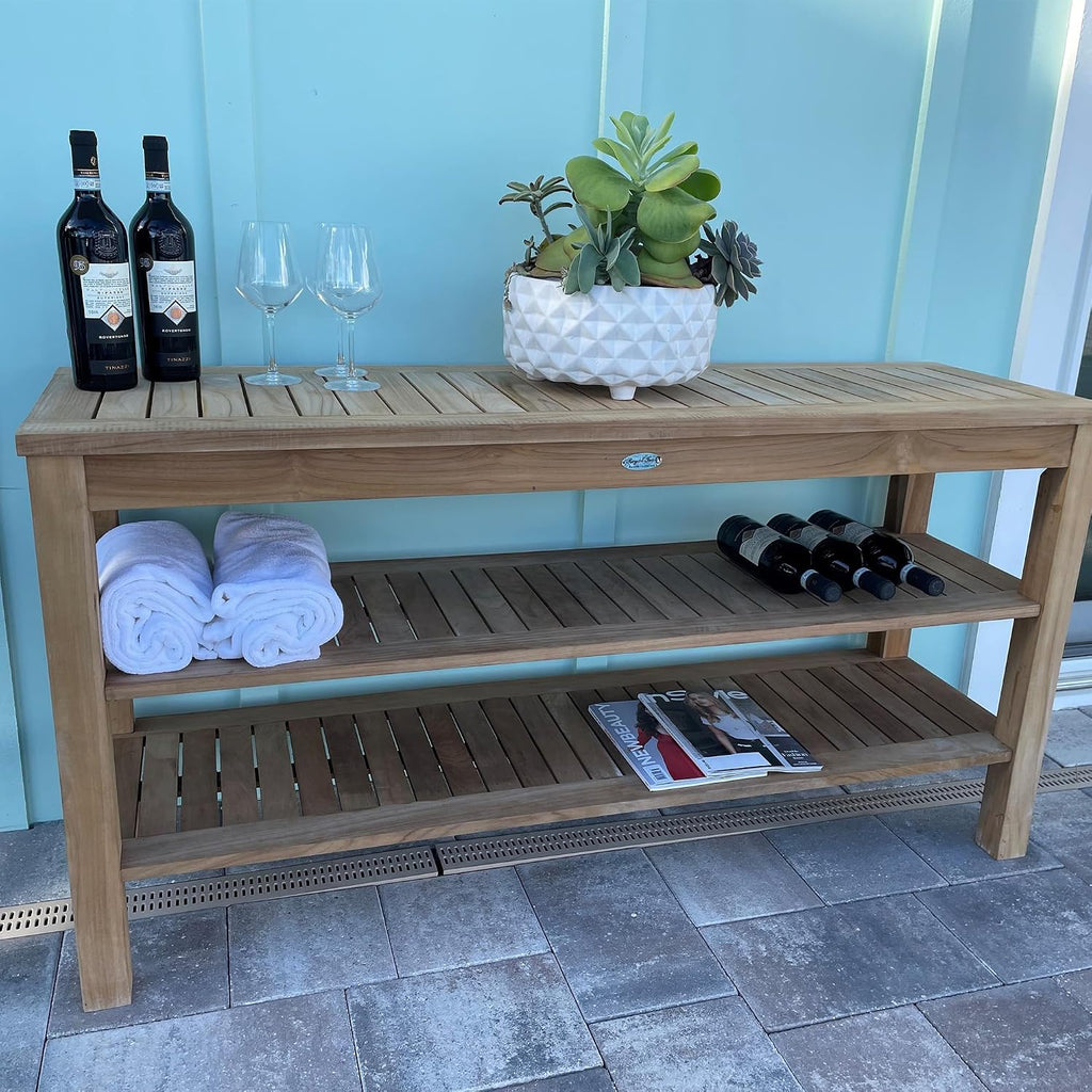 Console Table with Two Shelves, 60-Inch Rectangular Wooden Outdoor Teak Table with Storage Shelves, Outdoor Furniture