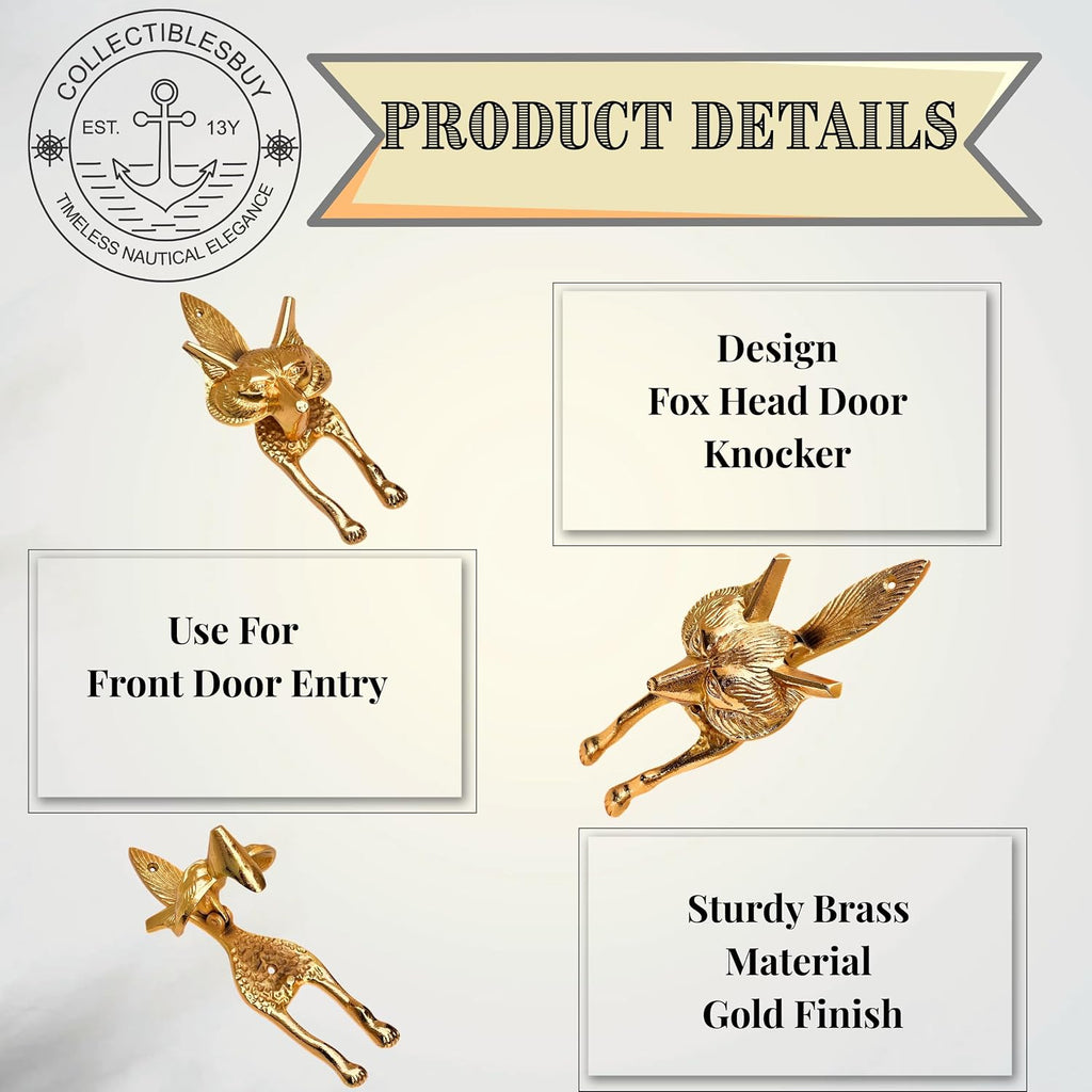 Decorative Gold Fox Head Door Knocker - Solid Brass Animal Front Door Hardware for Home, Cottage & Cabin Entry