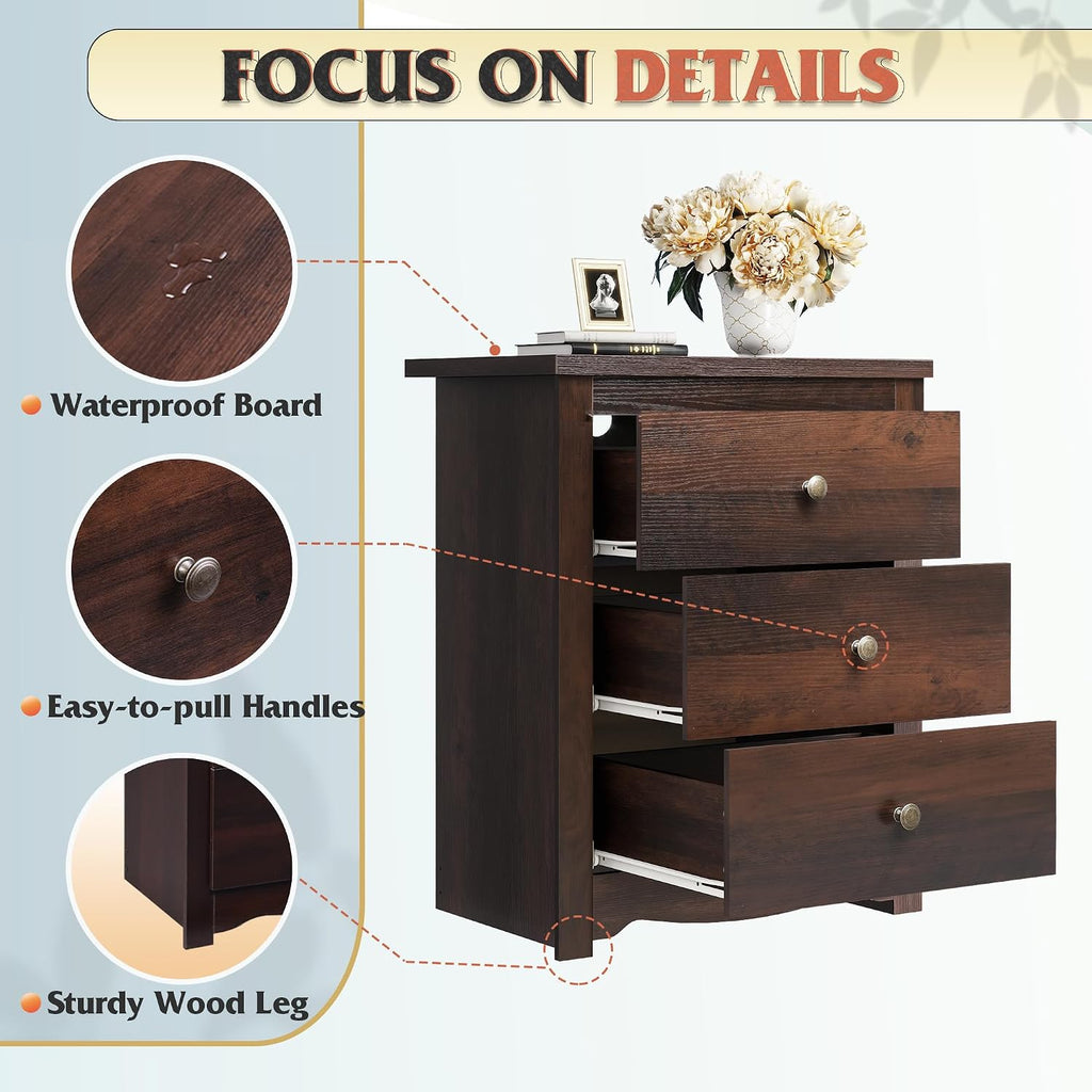Tall Nightstand with Charging Station, Wood Night Stand with 3 Drawers Storage, Bedside Table End Side Tables with 2
