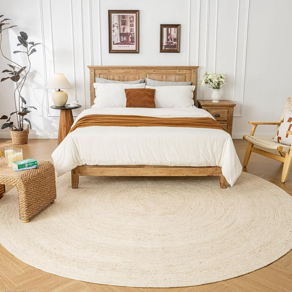 White Round Rug 6 Feet, Chunky Hand Braided Textured Jute Rug Rustic Style Decor, Bedroom, Living Room, 100% Natural