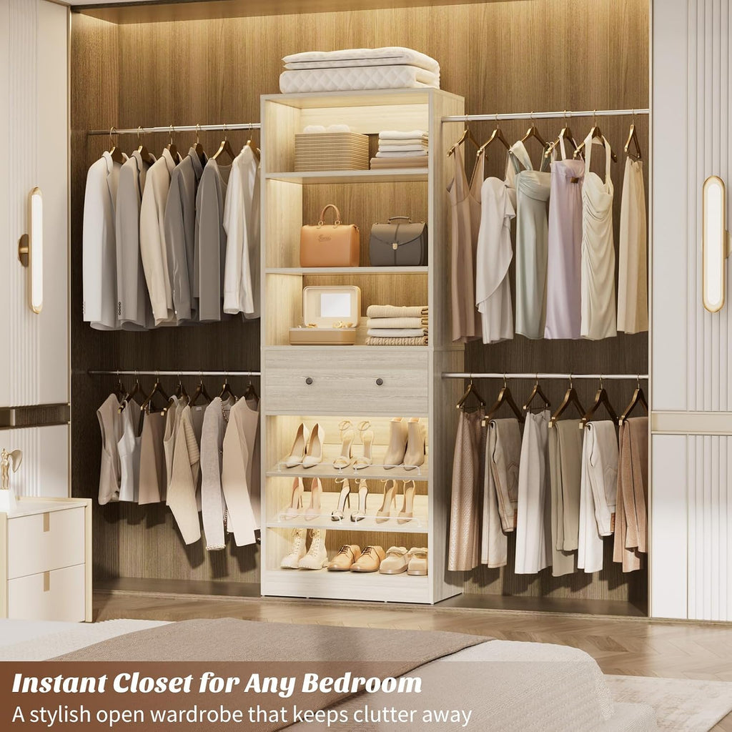 Wood Closet Organizer System - 4FT-9FT Expandable Wardrobe Closet with Drawer & 4 Hanging Rods, Heavy Duty Walk-in