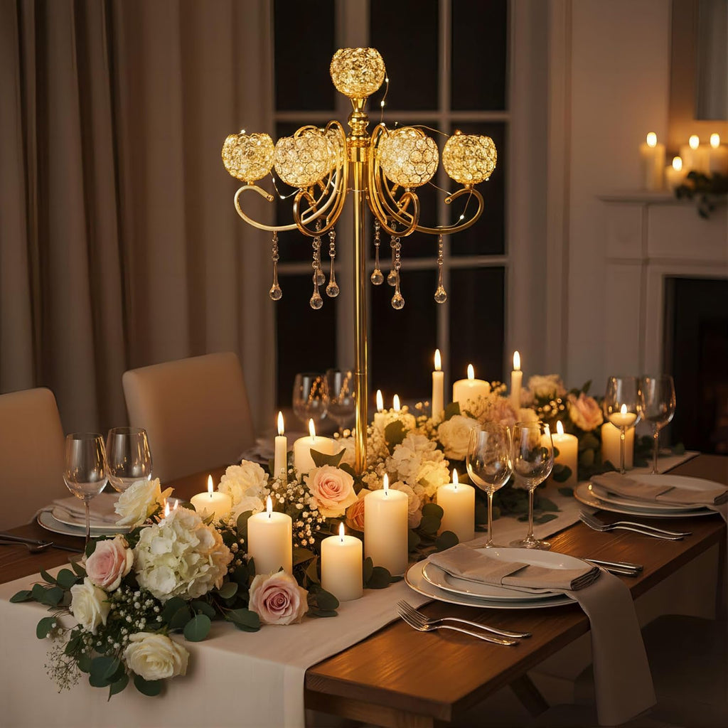 Gold Floor Candelabra for centerpieces, 45.3in Tall 5-Branch Candle Holder with Crystal Beaded Chandelier Holder Standon