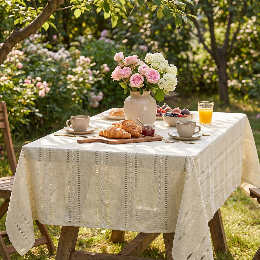 Beige Cotton Blend Tablecloth 60×84 Inch Rectangular, Farmhouse Style, Wrinkle Resistant Washable Ta