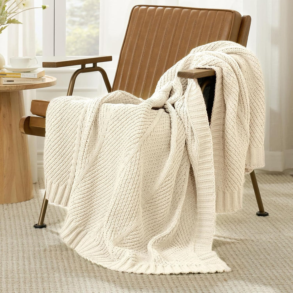 Knit Throw Blanket, Soft Chenille Cozy Breathable Chevron Chunky Decorative Blanket, French-Inspired Lightweight Warm